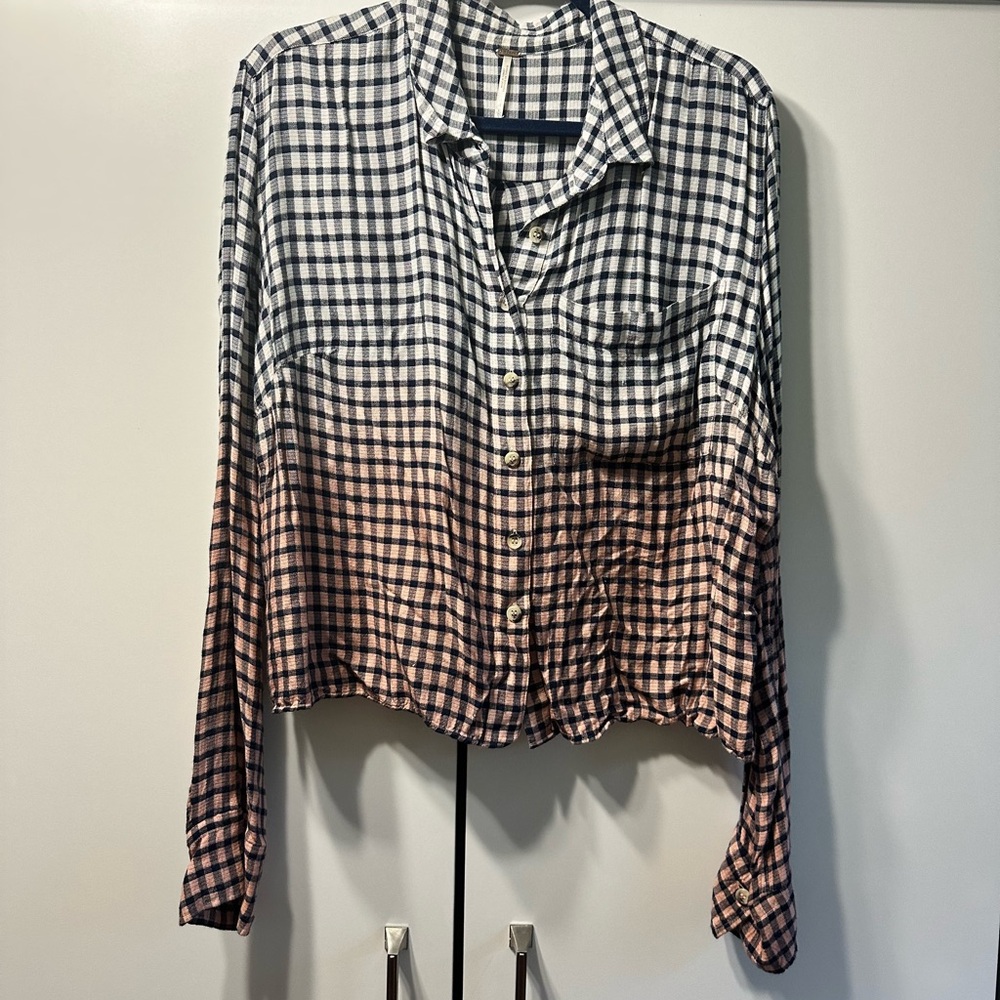 Free People Navy and White Plaid Shirt